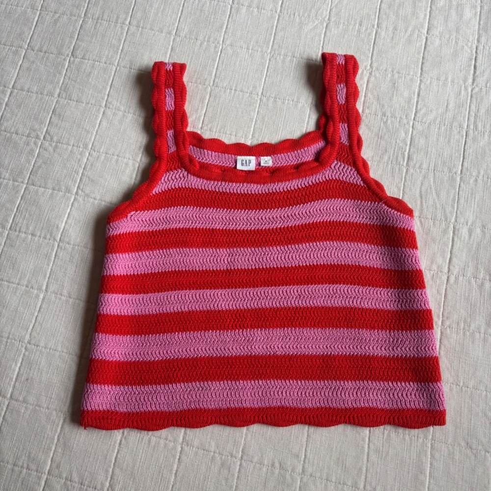 Gap Knit Tank Top‎ Womens S Pink Red Excellent Striped Scalloped Crochet Shell